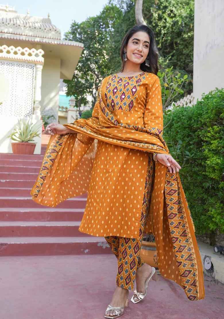 Mustard Yellow Embroidered Cotton Kurta Set