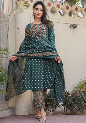 Green Embroidered Cotton Kurta Set