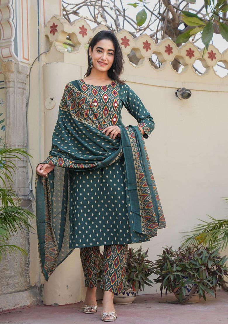 Green Embroidered Cotton Kurta Set