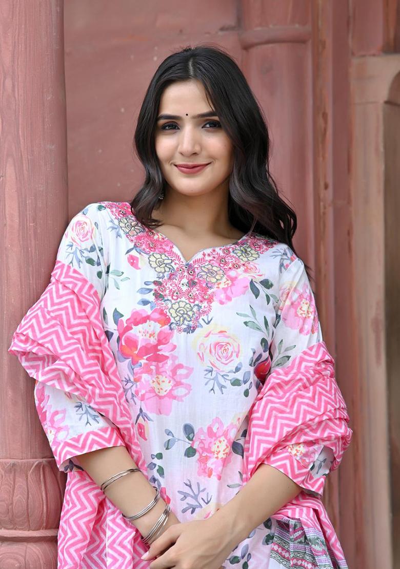 Pink Mirror Work Cotton Kurta Set