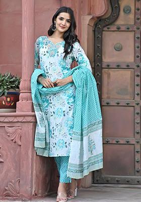 Sky Blue Mirror Work Cotton Kurta Set
