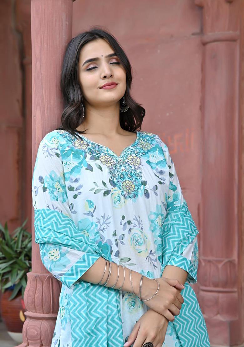 Sky Blue Mirror Work Cotton Kurta Set