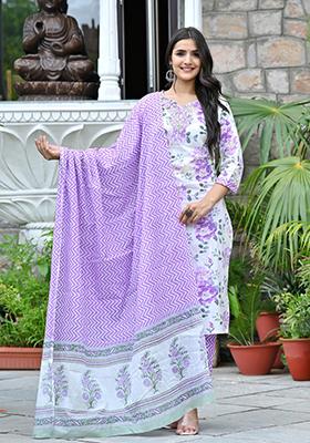 Purple Mirror Work Cotton Kurta Set
