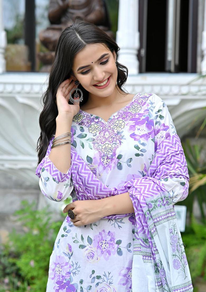 Purple Mirror Work Cotton Kurta Set