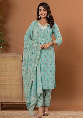 Mint Green Embroidered Cotton Kurta Set