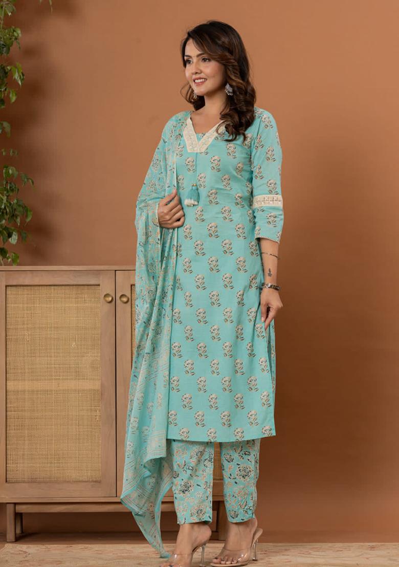 Mint Green Embroidered Cotton Kurta Set