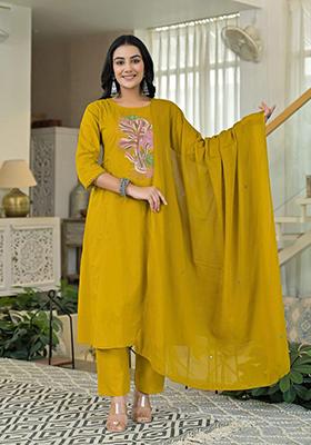 Yellow Embroidered Cotton Kurta Set