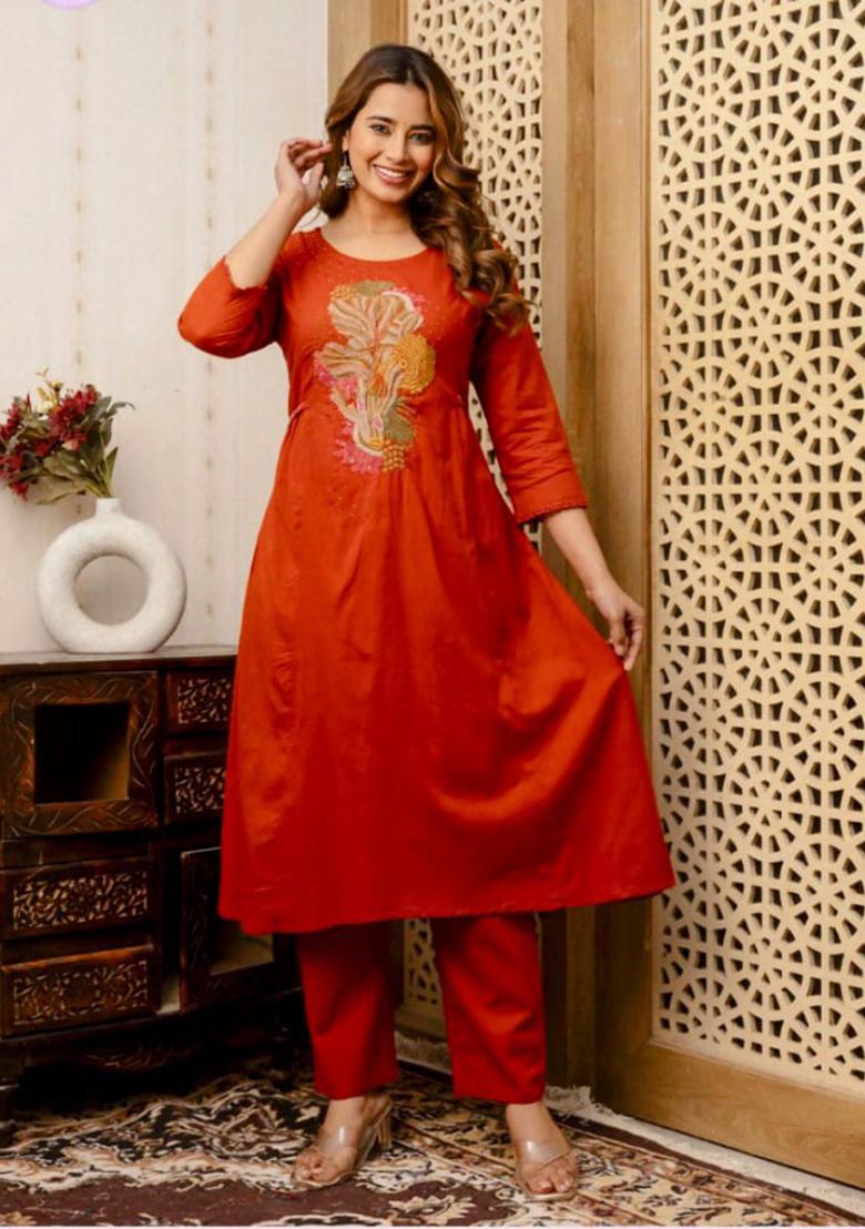 Orange Embroidered Cotton Kurta Set