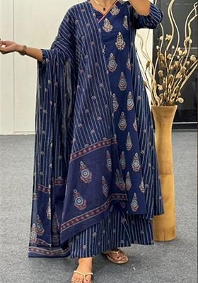 Blue Embroidered Cotton Kurta Set