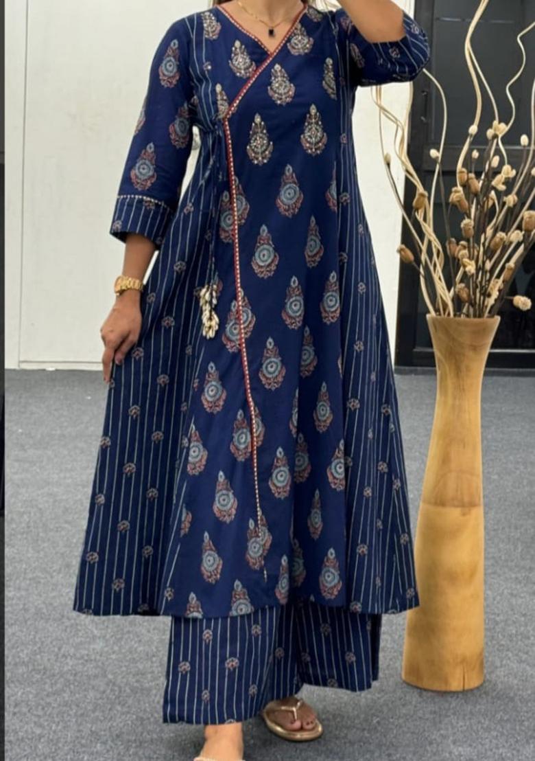 Blue Embroidered Cotton Kurta Set