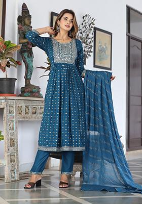 Blue Embroidered Rayon Kurta Set