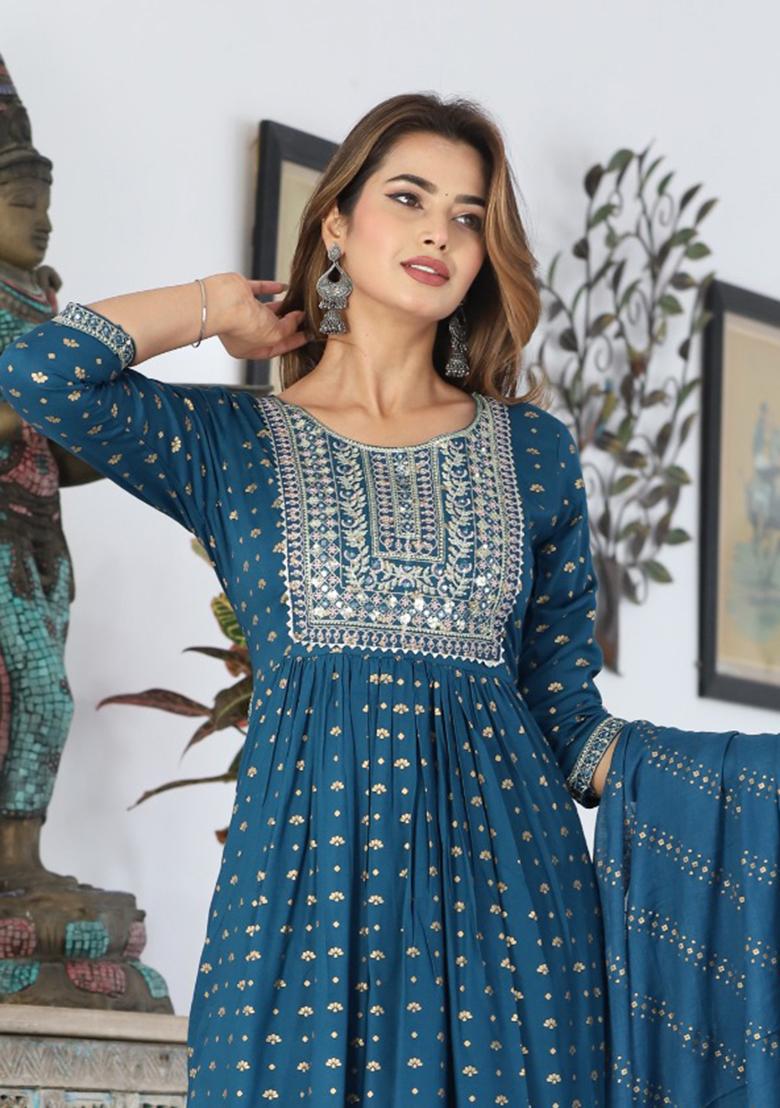 Blue Embroidered Rayon Kurta Set