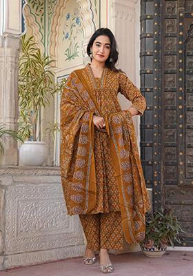 Mustard Yellow Embroidered Cotton Kurta Set