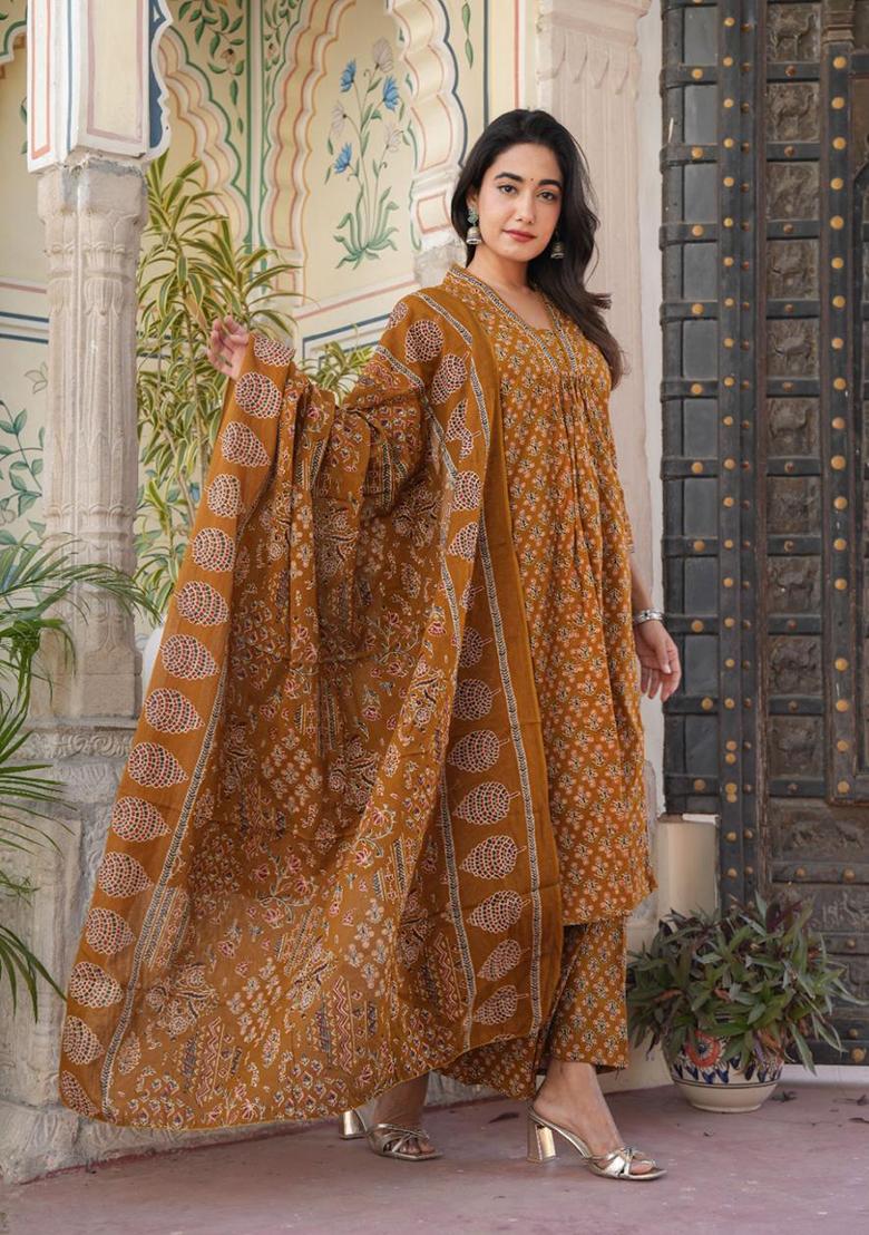 Mustard Yellow Embroidered Cotton Kurta Set