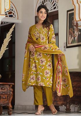 Mustard Yellow Embroidered Cotton Kurta Set