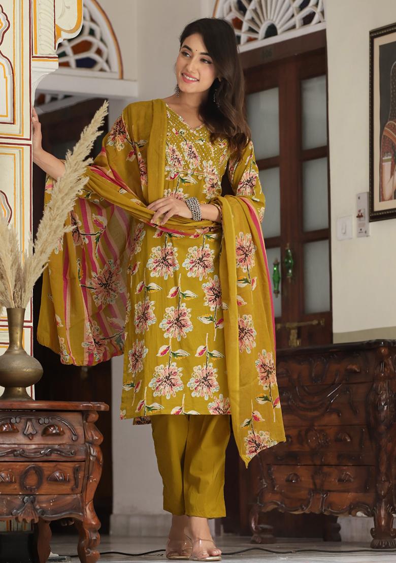 Mustard Yellow Embroidered Cotton Kurta Set