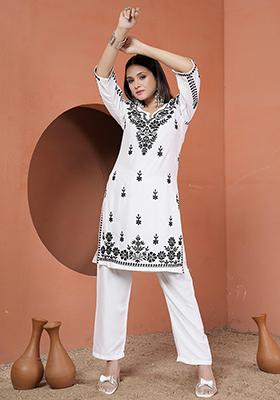 White Embroirdered Rayon Kurta Set