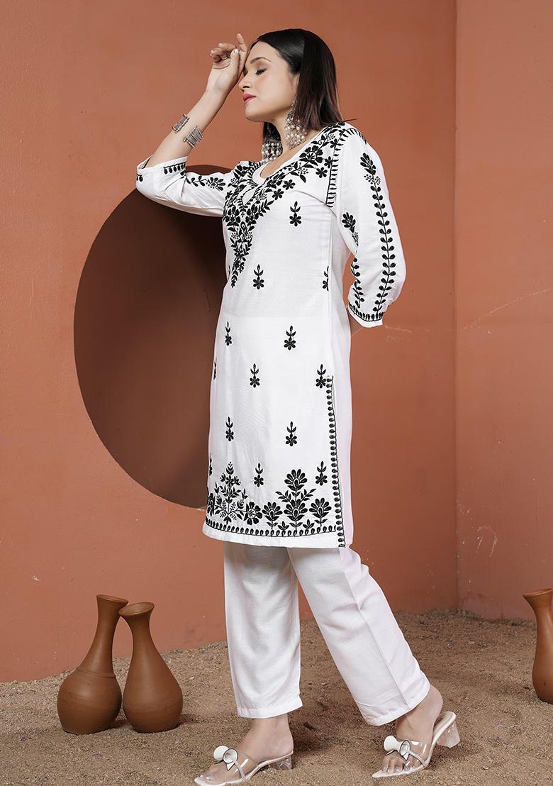 White Embroirdered Rayon Kurta Set