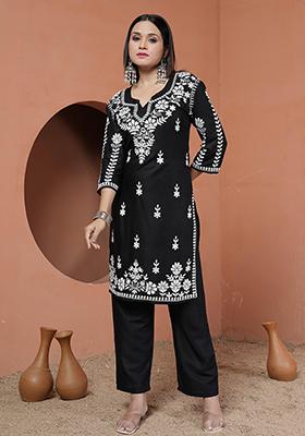 Black Embroirdered Rayon Kurta Set