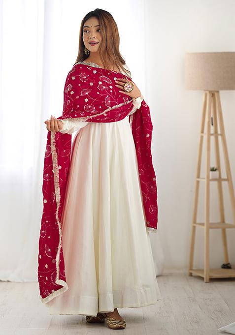 Red Solid Silk Anarkali Set — view on Indya