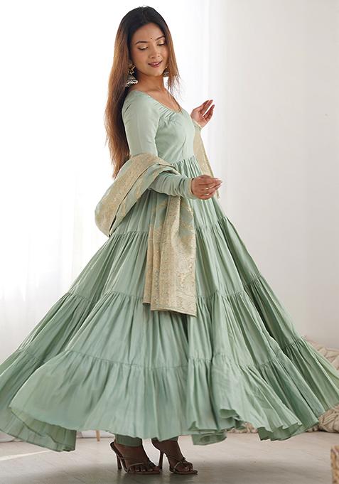 Pista Green Solid Chanderi Kurta Set