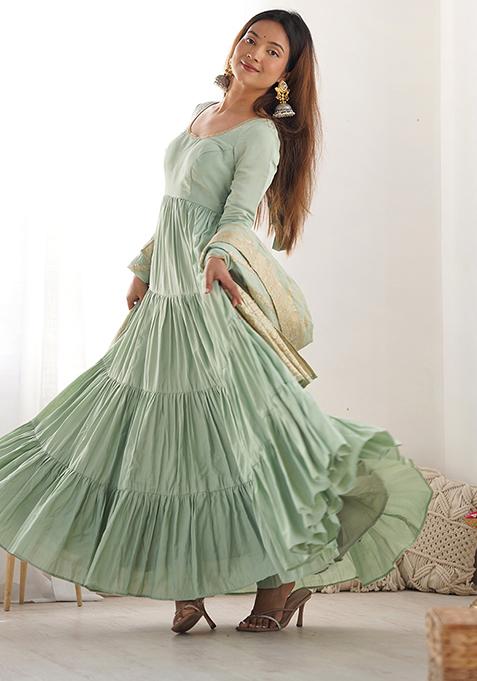 Pista Green Solid Chanderi Kurta Set