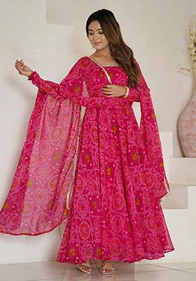 Pink Printed Chiffon Kurta Set
