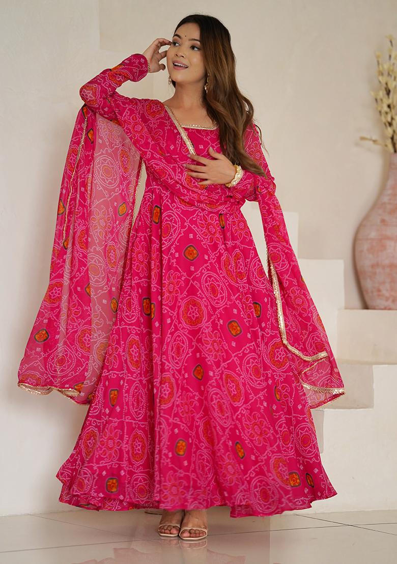 Pink Printed Chiffon Kurta Set