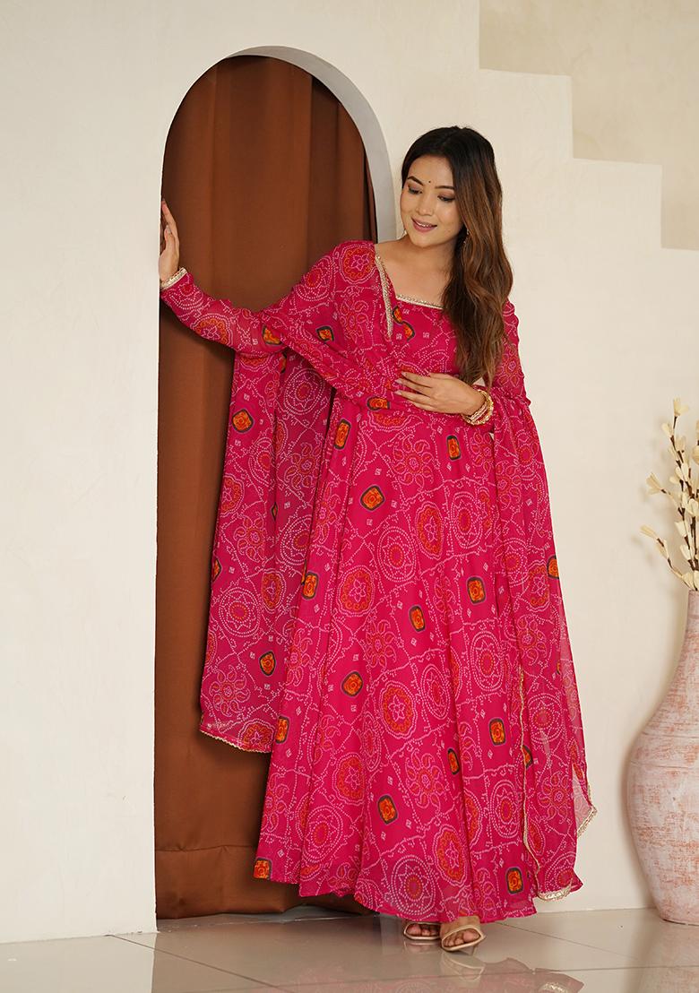 Pink Printed Chiffon Kurta Set