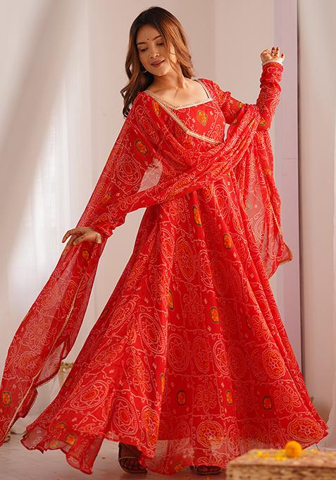 Red Printed Chiffon Anarkali Set