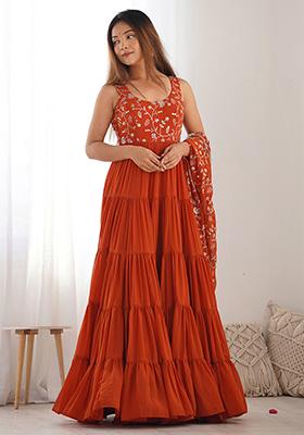 Orange Embroidered Georgette Kurta Set