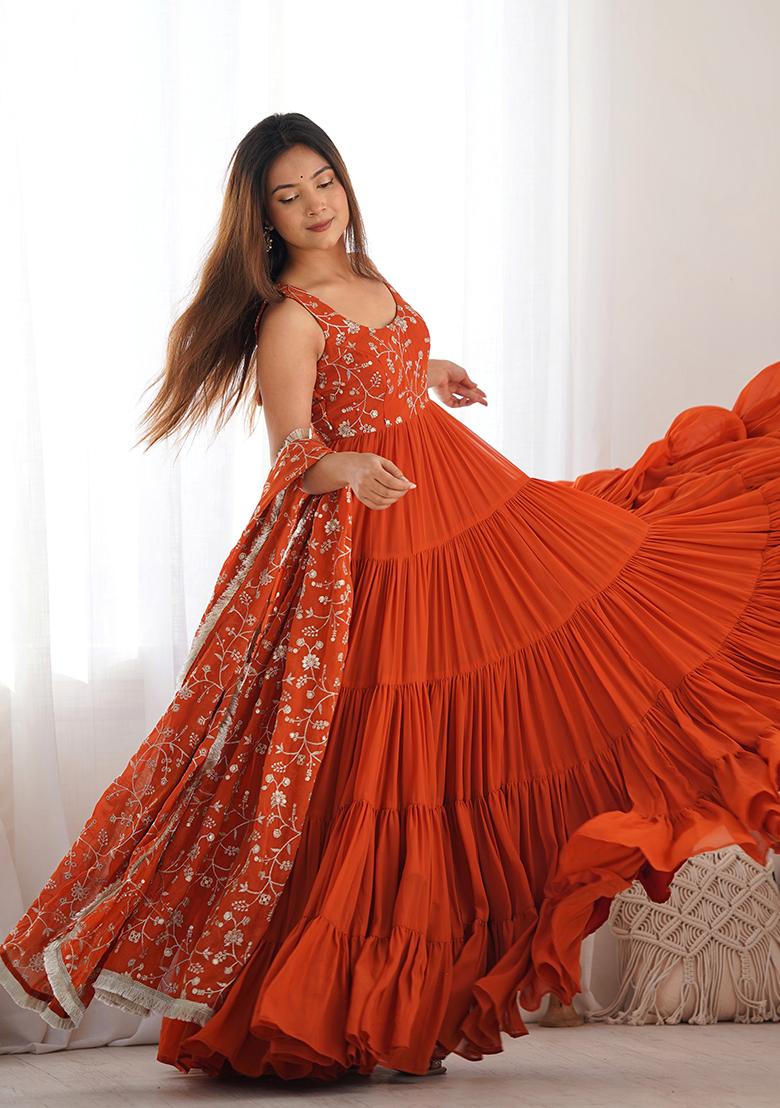 Orange Embroidered Georgette Kurta Set