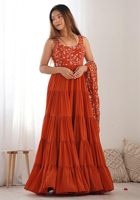 Orange Embroidered Georgette Anarkali Set