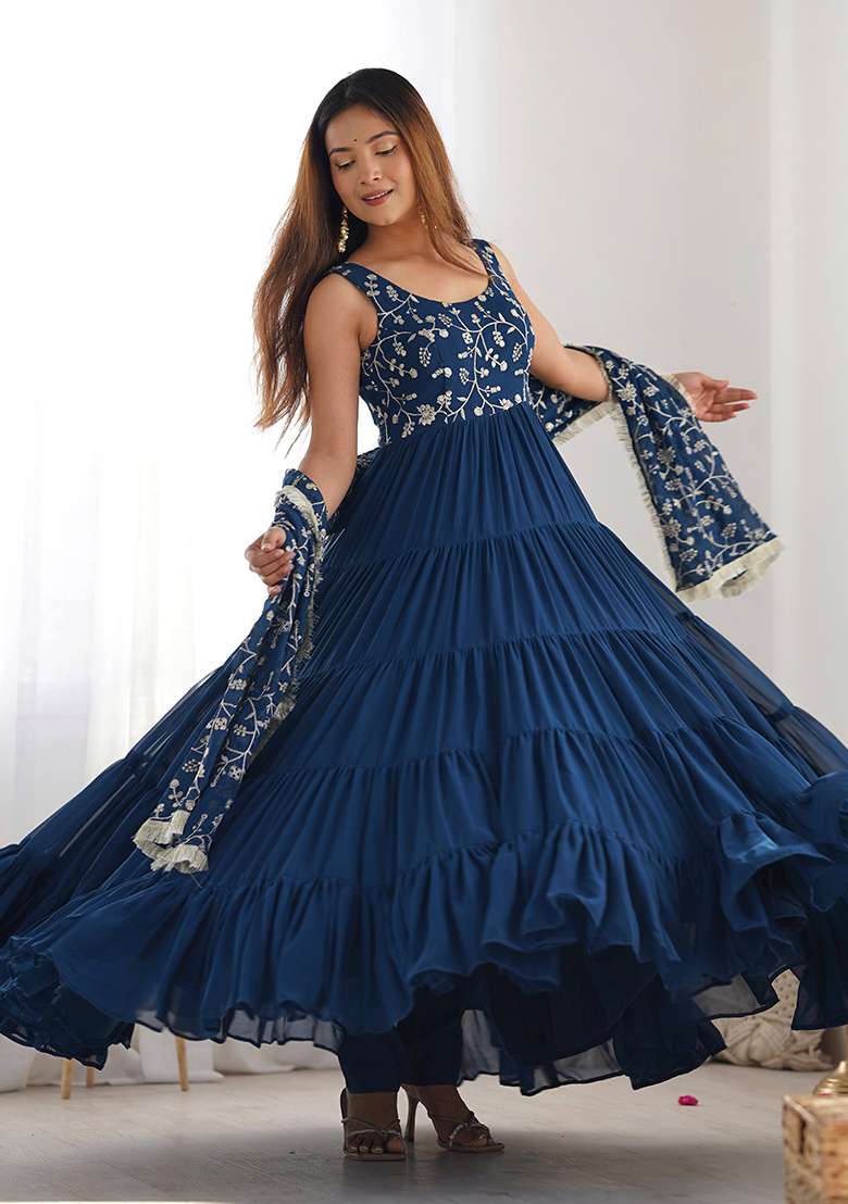 Teal Blue Embroidered Georgette Anarkali Set - Indya