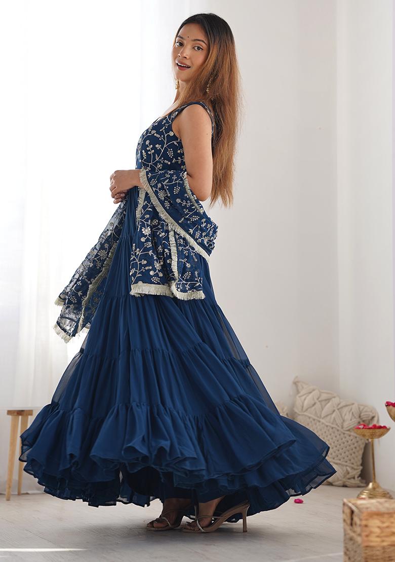 Teal Blue Embroidered Georgette Kurta Set