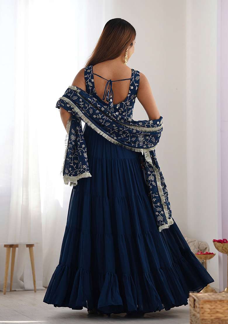 Teal Blue Embroidered Georgette Anarkali Set - Indya
