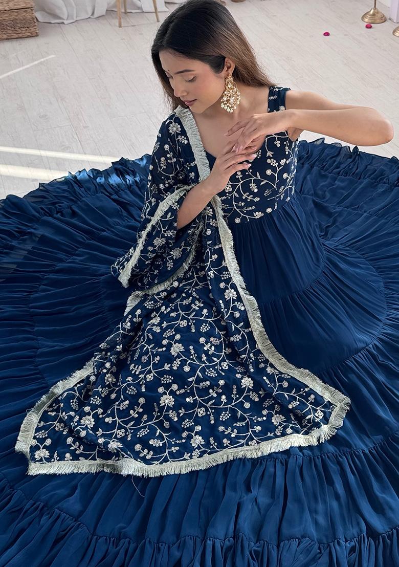 Teal Blue Embroidered Georgette Kurta Set