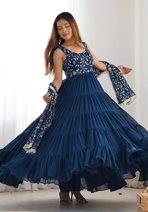 Teal Blue Embroidered Georgette Kurta Set