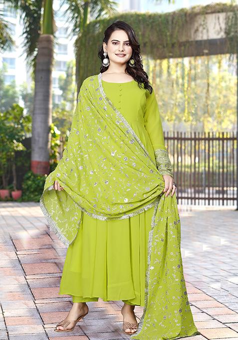 Light Green Embroidered Georgette Kurta Set