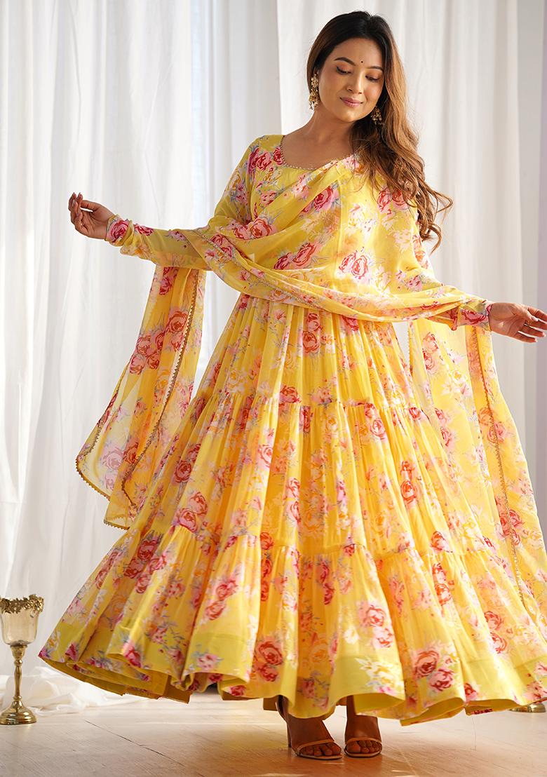 Yellow Printed Georgette Kurta Set