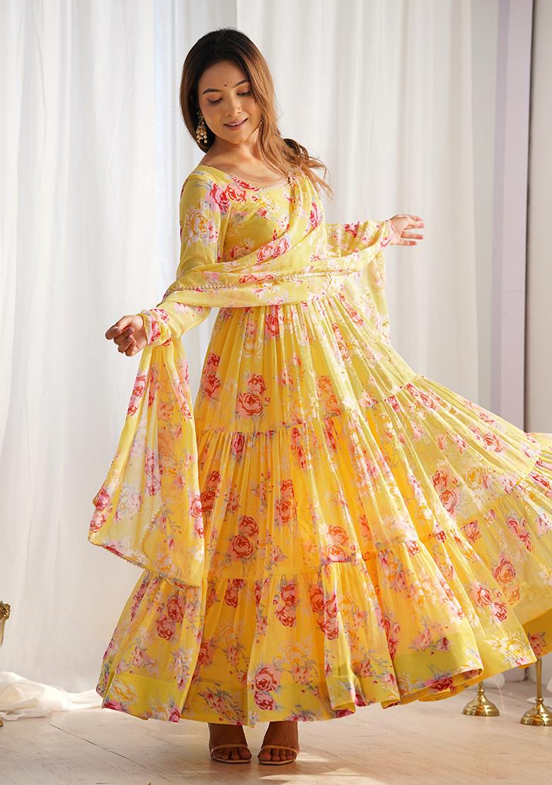 Yellow Printed Georgette Kurta Set