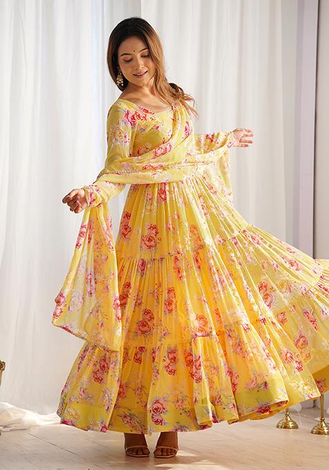 Yellow Printed Georgette Kurta Set