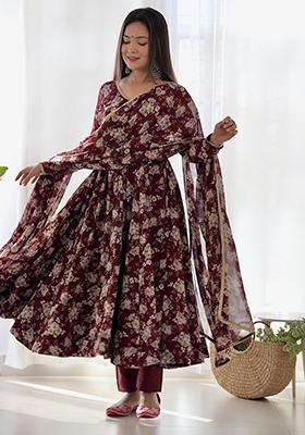Maroon Printed Georgette Kurta Set