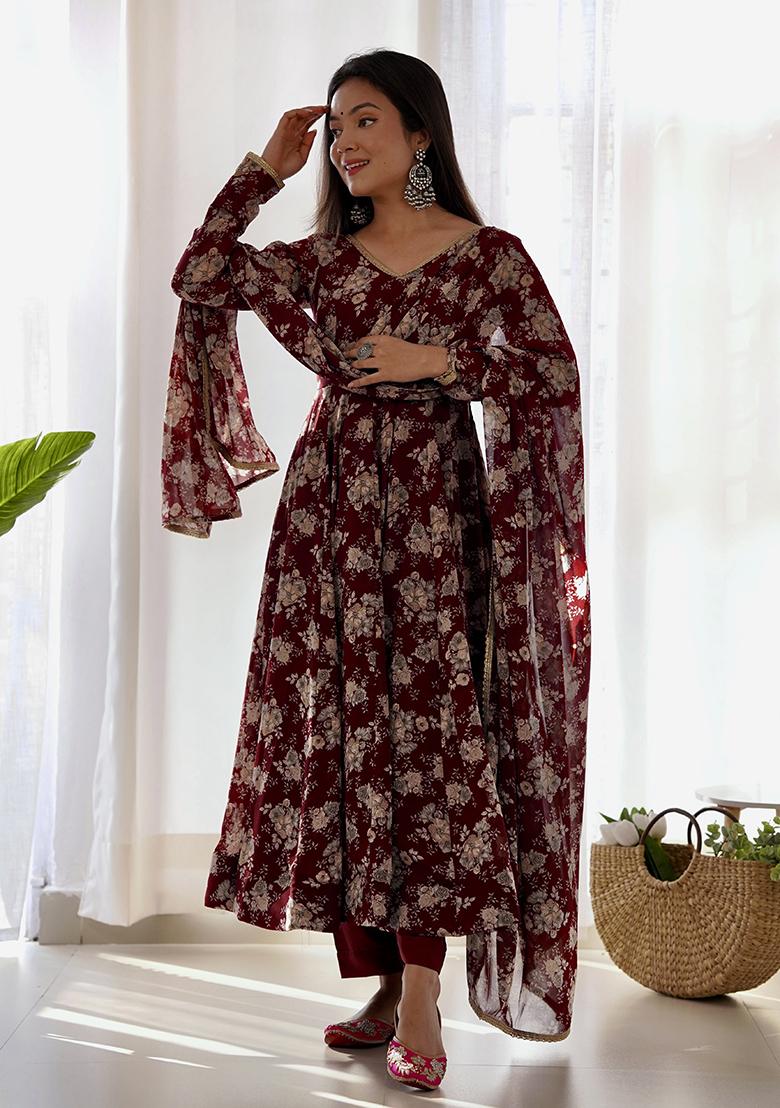 Maroon Printed Georgette Kurta Set