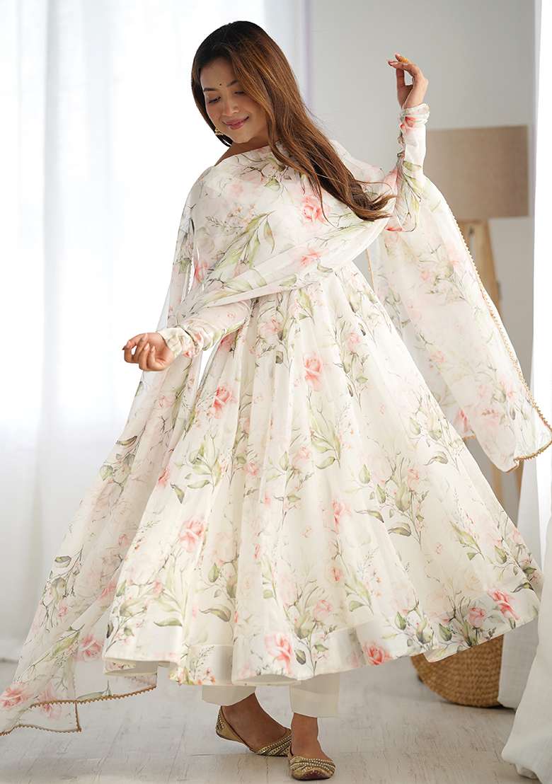 Cream Floral Print Organza Anarkali Set - Indya