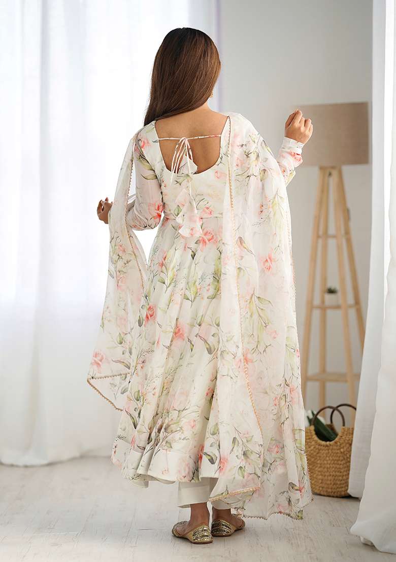 Cream Floral Print Organza Anarkali Set - Indya