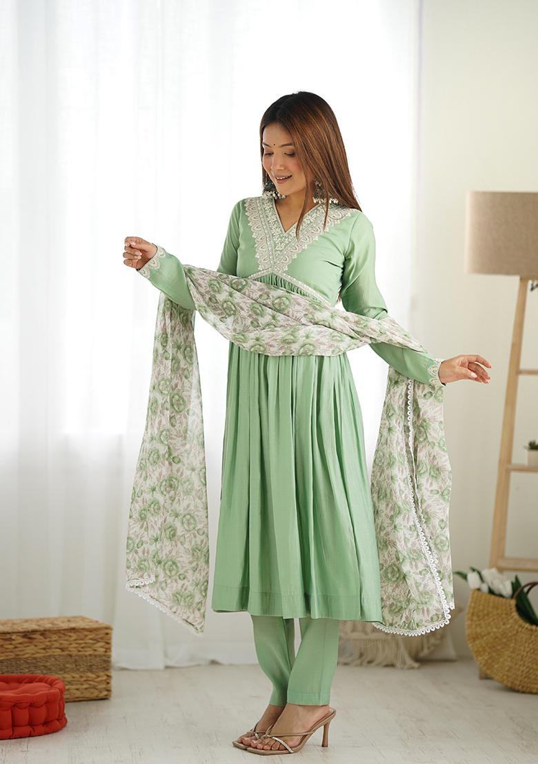 Pista Green Solid Silk Kurta Set