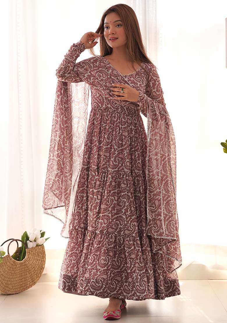 Light Purple Printed Georgette Anarkali Set - Indya