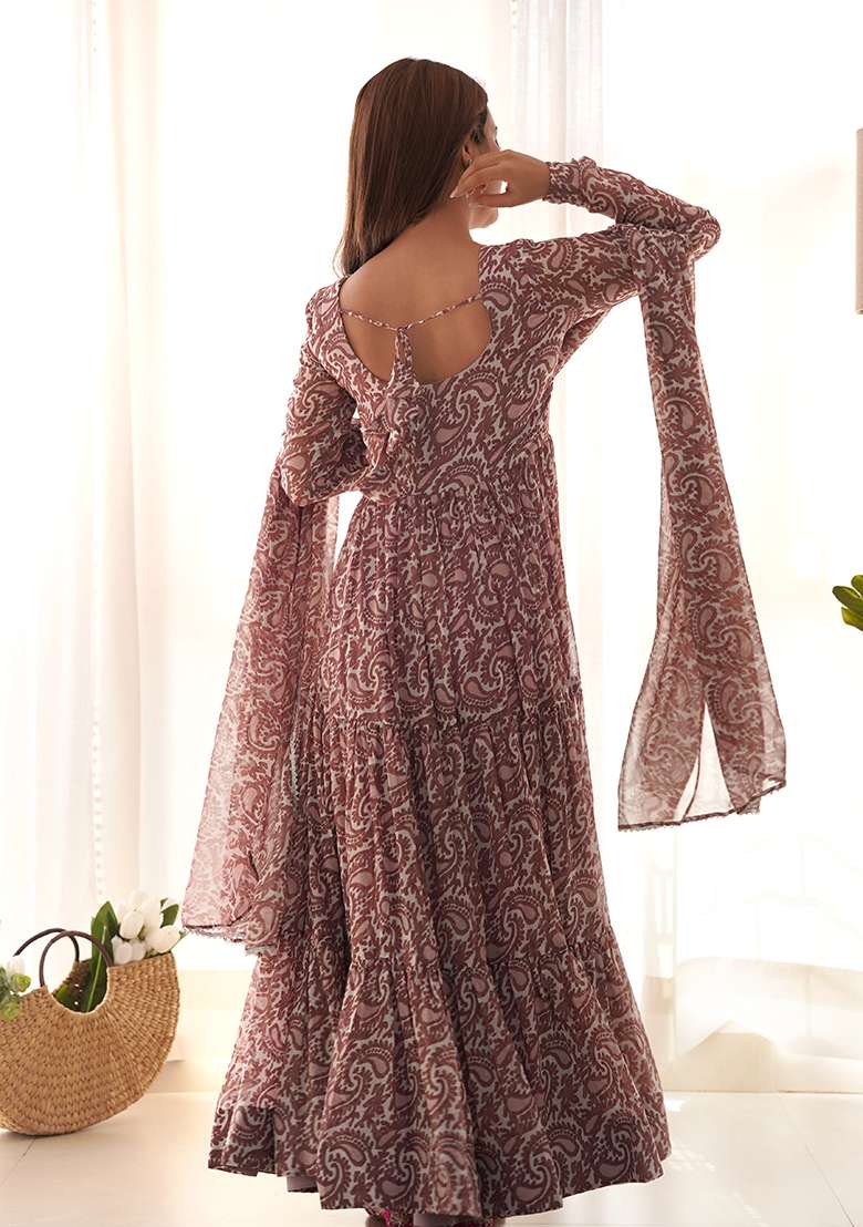 Light Purple Printed Georgette Anarkali Set - Indya