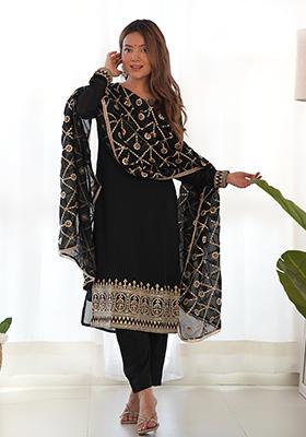 Black Embroidered Silk Kurta Set